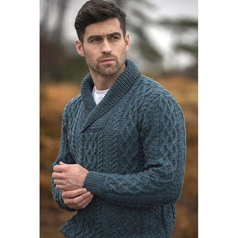 Soft Irish Cable Knit Shawl Collar Sweater - Peacock